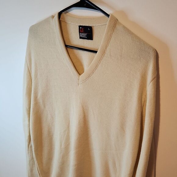 Vintage Robert Bruce Solid Cream V-Neck Pullover Sweater Men's Size Large EUC - Picture 5 of 11